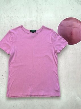 Vintage 90s Lauren Ralph Lauren Pink Sleeve Pocket Tee Top Small S